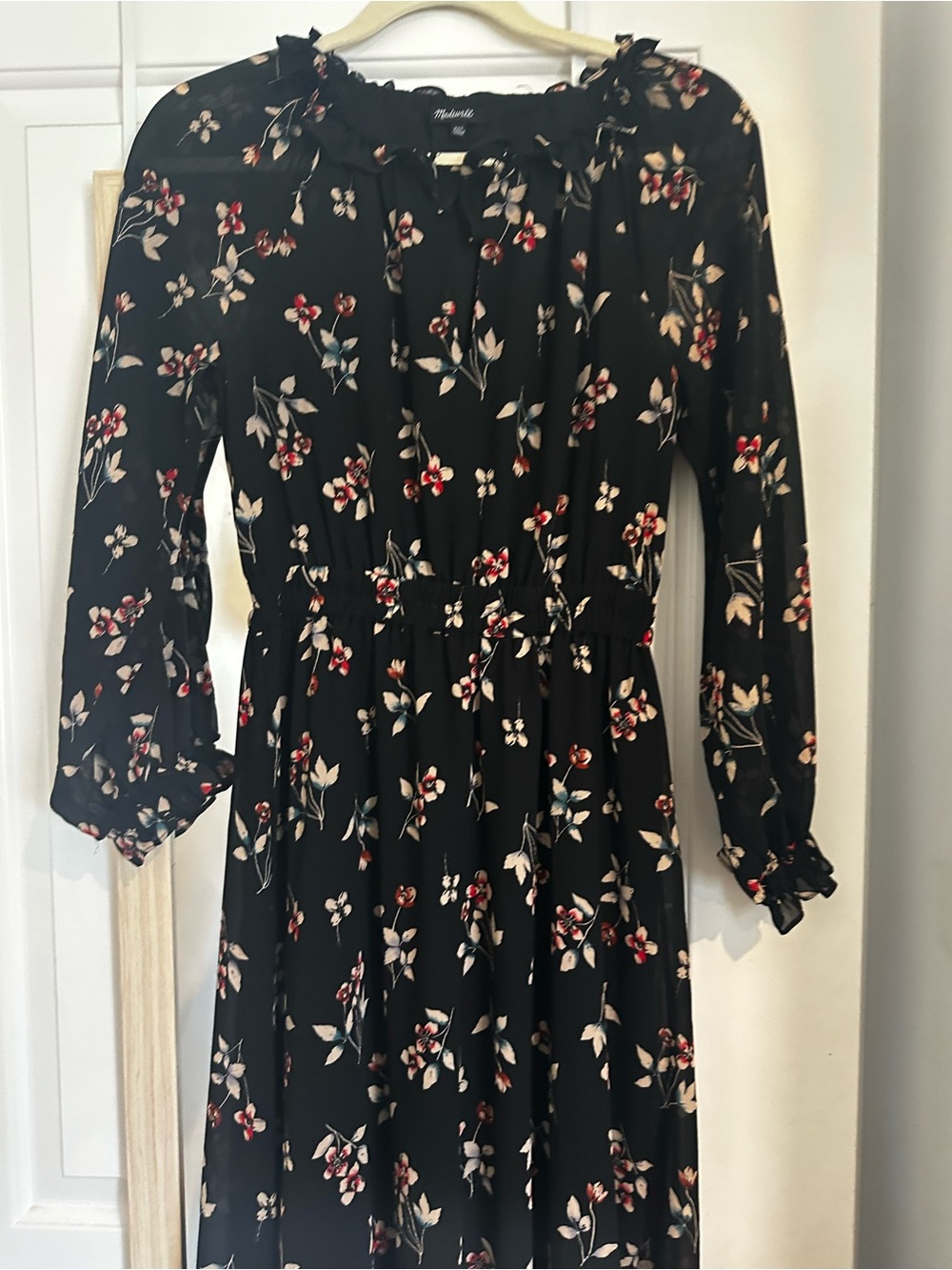 Madewell Black Floral Long Sleeve Midi Dress with Red & Cream Accents